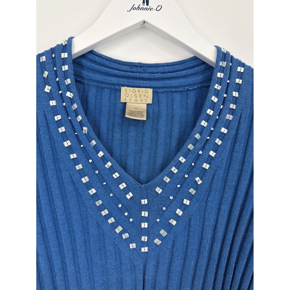 Vtg Sigrid‎ Olsen Sport Blue Ribbed V-Neck Beaded Sweater Lg Cotton Rayon Blend - Picture 5 of 7